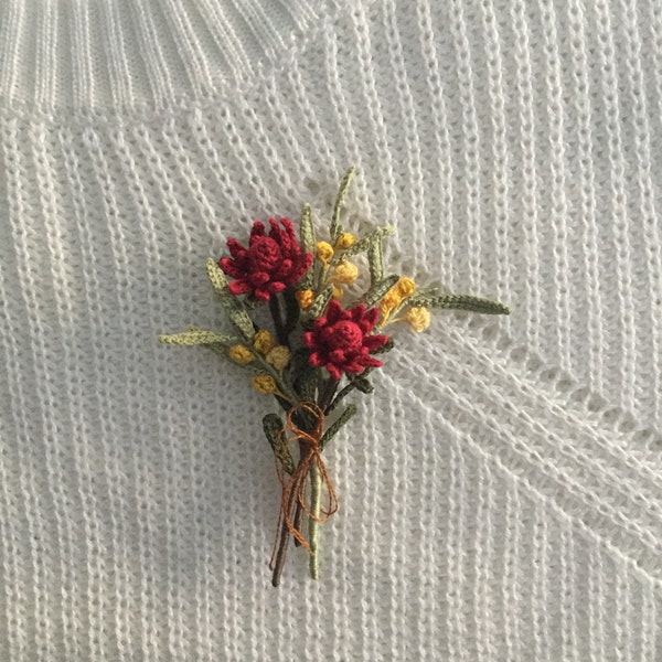 Broche de brunch de flores de Waratah y Wattle de ganchillo, boutonniere de flores de boda, regalo de agradecimiento, broche de flores nativas hecho a mano