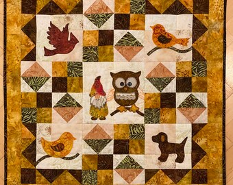 Patchwork quilt wall hanging or tablecloth: Gnomes in the forest made from Bali batik fabrics - ideal for children's rooms