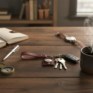 Könnte beinhalten: Ein dunkelroter Lederschlüsselanhänger mit einer kreisförmigen Halterung für ein Ortungsgerät, gesichert durch einen Messingdruckknopf. Der Schlüsselanhänger ist an einem Metallring mit drei silbernen Schlüsseln und einem schwarzen Autoschlüssel befestigt.