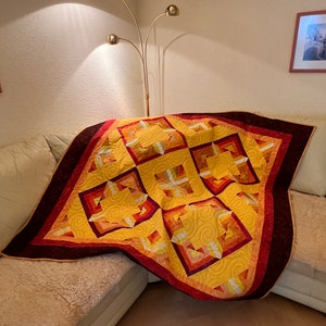 Patchwork quilt blanket: yellow-orange squares quilt blanket with harmonious Bali batik fabrics on yellow background, 64x64 inches, 162 x 162 cm