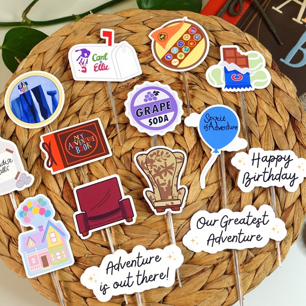Pixar Up Cupcake Toppers - Up Inspired Birthday Decorations - Adventure (1 Dozen / 12 Pieces)
