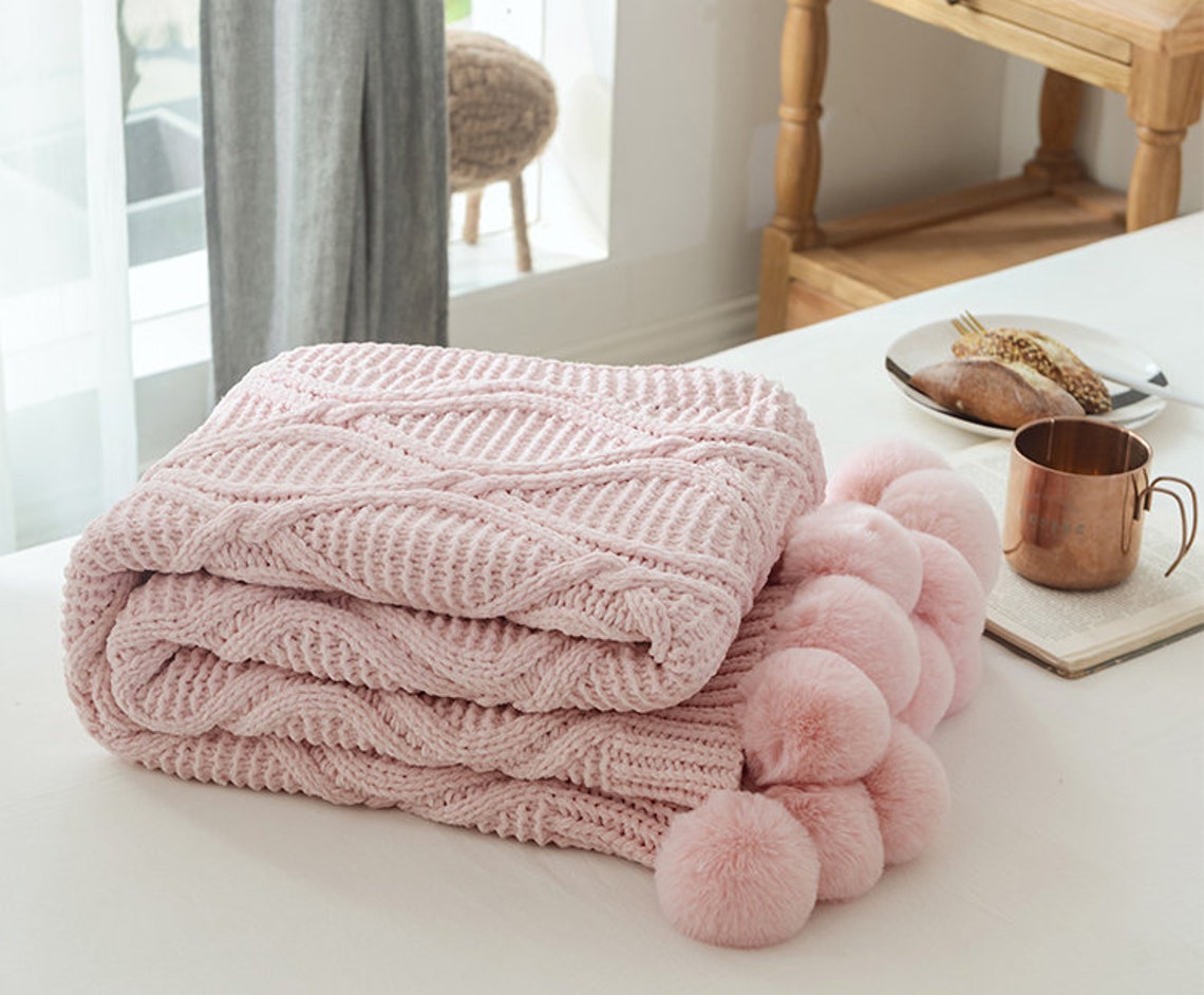 Bohemian Knitted Pom Pom Throw Blanket Etsy