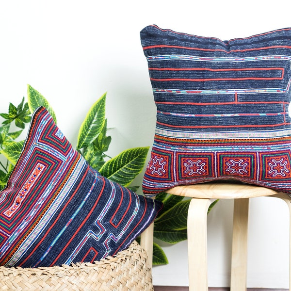 Embroidered Pillow Cases | Repurposed Fabric, Square Pillow Covers, Hmong Pattern, Ethnic Cushion, Hmong Creations