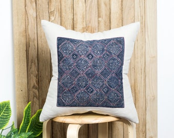 Beige Linen Throw Pillow | Decorative Linen Pillow, Indigo Batik Pillow, Cushion Cover