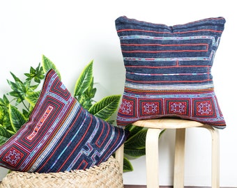 Embroidered Pillow Cases | Repurposed Fabric, Square Pillow Covers, Hmong Pattern, Ethnic Cushion, Hmong Creations