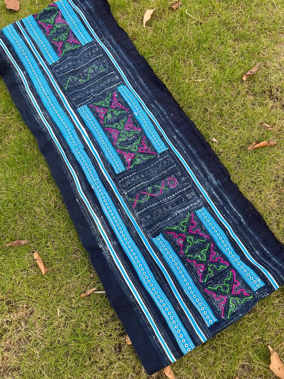 Vintage Hmong Indigo Batik Textile | Applique Tribal Fabric
