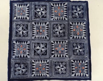 Tribal Hand Drawn Wall Hanging | Hmong Hill Tribe Tapestry, Handmade Wall Decor, Indigo Batik Tapestries, Square Fabrics for Framing
