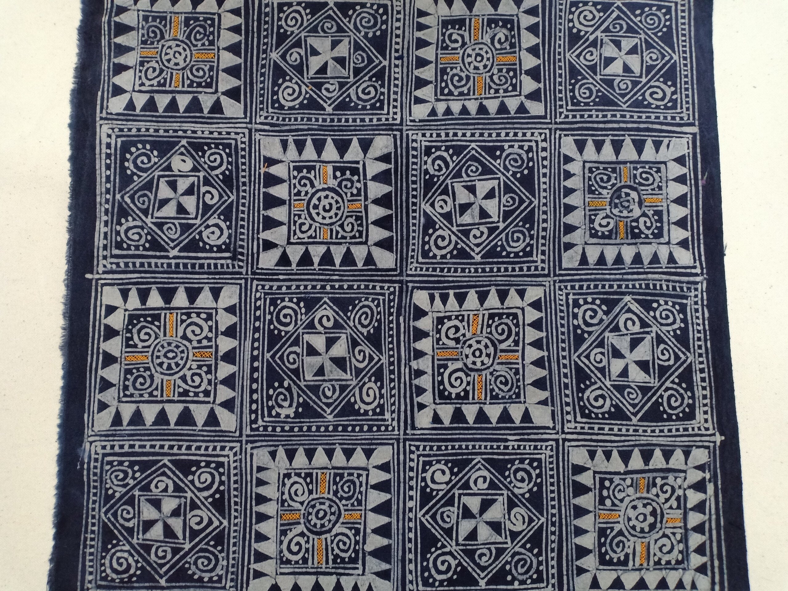 Square Tribal Fabric | Hmong Hill Tribe Tapestry, Vintage Handmade Wall Decor, Ethnic Hand Drawn Tapestries, Indigo Batik Fabrics