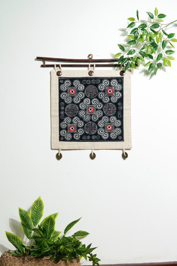 Handmade Hmong Hill Tribe Tapestry – Indigo Batik Wall Hanging - Authentic Tribal Textile Art