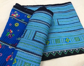 Vintage Hmong Brocade Fabric | Blue Embroidered Tribal Textile, 3.94 Yards