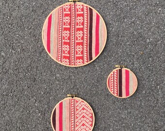 Colorful Thai Brocade Wall Hanging | Tribal Home Decor, Wooden Hoops Frames Decor Set, Handwoven Textiles Art, Hoop Art