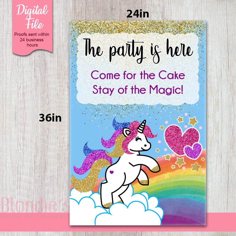 Personalized Unicorn Birthday Party Easel Sign With Rainbows Glitter and Hearts