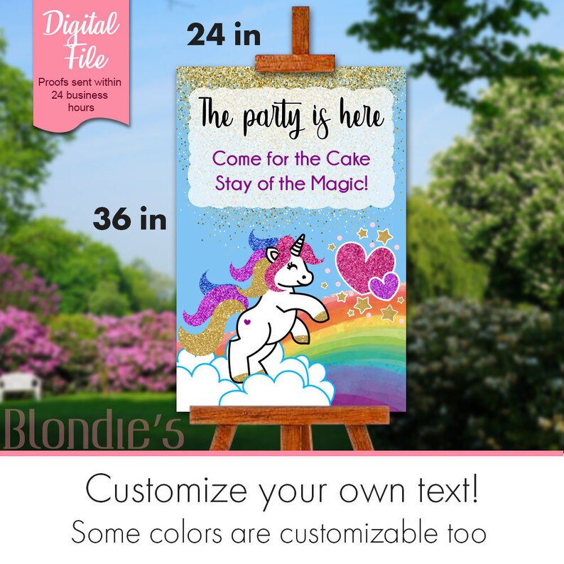 Personalized Unicorn Birthday Party Easel Sign With Rainbows Glitter and Hearts