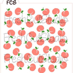 May include: A repeating pattern of peach illustrations with green leaves on a white background. The peaches are a light orange color. The text "Fresh Cut Studio" is visible in a script font. The letters "FCS" are in the upper left corner.