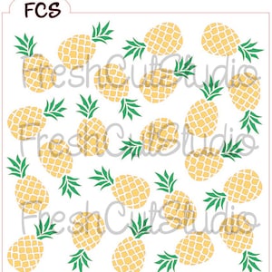 May include: A digital download of a pineapple pattern stencil design. The design features a repeating pattern of yellow pineapples with green leaves on a white background. The text "FCS" is in the top left corner of the design.