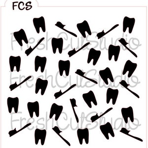 May include: Black and white stencil design featuring a repeating pattern of tooth and toothbrush silhouettes. The stencil is labeled "FCS" in the top left corner.
