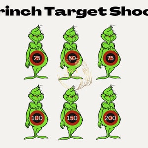 May include: Grinch Target Shoot game with six green Grinch characters with red circles on their bellies. The circles have numbers 25, 50, 75, 100, 150, and 200.