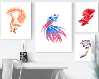 Set 4 Fish Watercolor Download Fish watercolor Fish print Fish poster Fish art Animals watercolor Nature Watercolor art Watercolor print