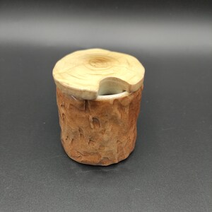 May include: A ceramic jar with a lid, designed to resemble a tree stump. The jar is a reddish-brown color with a textured surface, and the lid is light tan with a curved handle. The jar is likely used for storing small items.