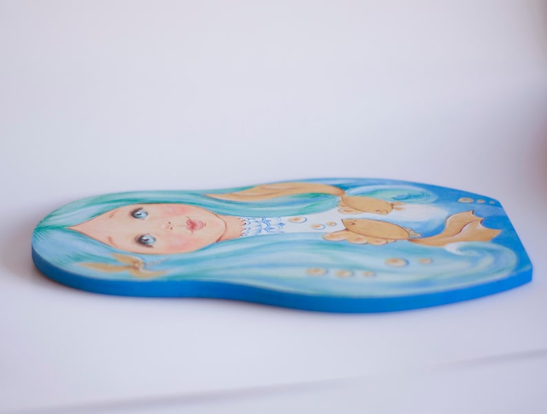 Summer Sale Cutting Board Hand painted wooden matryoshka cute little mermaid horoscope fish symbol element water blue hair