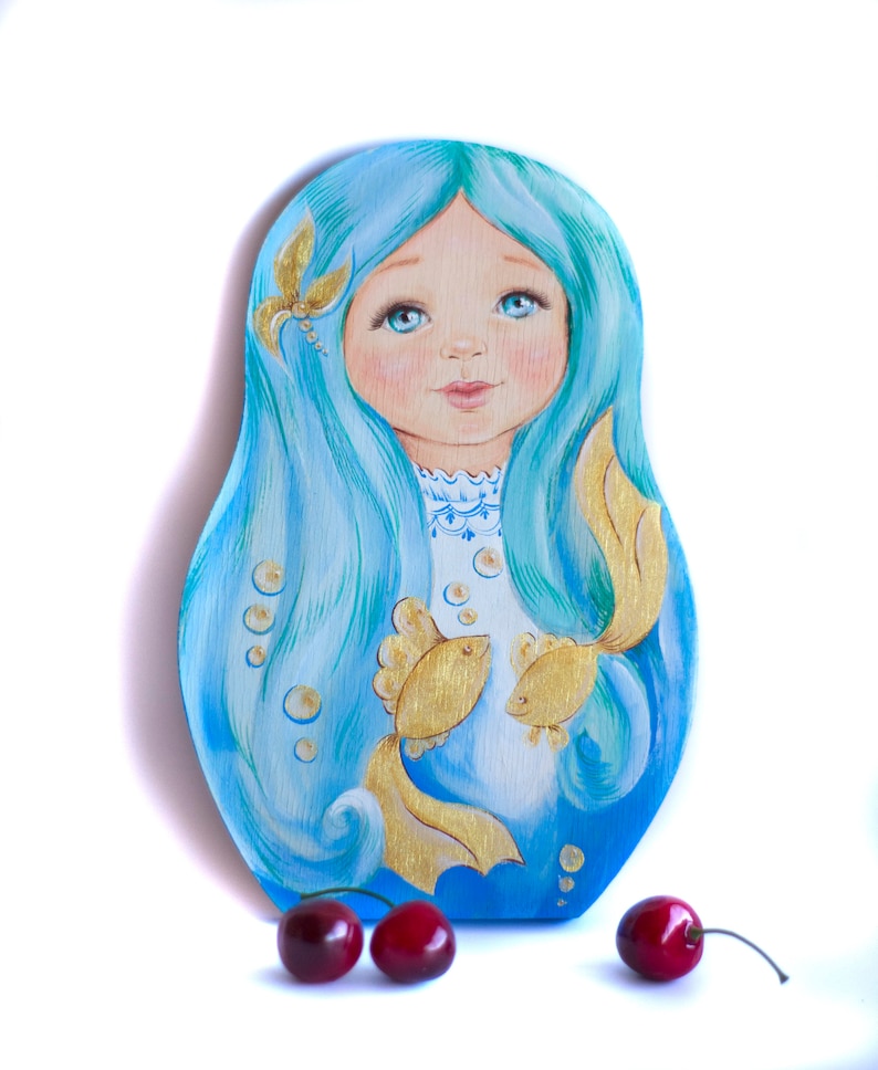 Summer Sale Cutting Board Hand painted wooden matryoshka cute little mermaid horoscope fish symbol element water blue hair