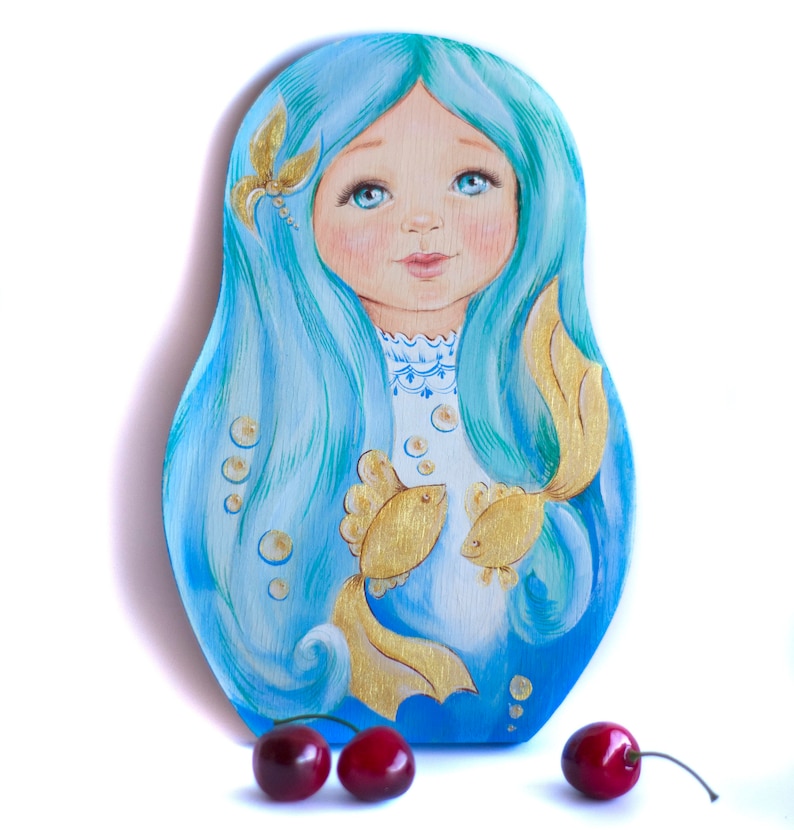 Summer Sale Cutting Board Hand painted wooden matryoshka cute little mermaid horoscope fish symbol element water blue hair