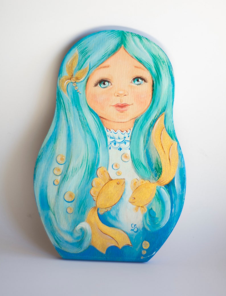 Summer Sale Cutting Board Hand painted wooden matryoshka cute little mermaid horoscope fish symbol element water blue hair