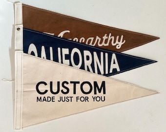 Stitched Canvas Pennant Flag with Custom Text, Vintage Style Wall Decor, Waxed Canvas Option