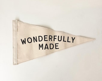 Wonderfully Made Pennant Flag – Minimal Canvas Banner, Neutral Nursery Decor