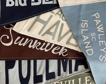 Stitched Canvas Pennant Flag with Custom Text, Vintage Style Wall Decor, Waxed Canvas Option