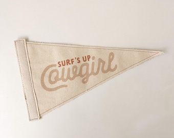 Surf's Up Cowgirl Pennant Flag | Coastal Western Canvas Banner | Neutral Beach Decor