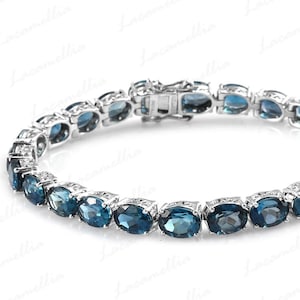 London Blue Topaz Bracelet, Minimal Topaz tennis Bracelet, Oval cut Topaz Chain Link Bracelets, Bridal Wedding Jewelry gifts for mother wife