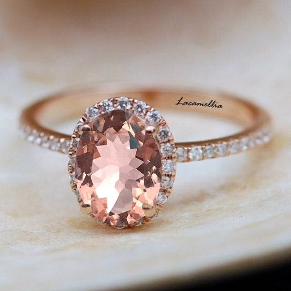 Handmade Morganite Ring,Peach Morganite Statement Rings Birthstone Jewelry Solitaire Ring Oval cut Morganite Engagement Ring gift for Mother