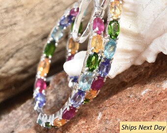 Vintage Multi Gemstone Hoop Earrings Minimal Oval Cut Rainbow