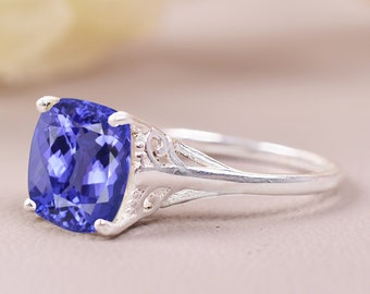 Unique Tanzanite Statement ring, Solid Gold Cushion cut tanzanite Engagement ring Handmade Bridal Wedding Promise ring Gift For Mother wife