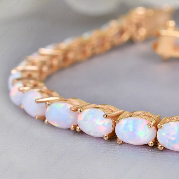 Handmade Opal Tennis Bracelet, Oval cut Ethiopian Opal Tennis Line Bracelet, Rainbow Opal Chain link Bracelet Jewelry gifts for Women Mother