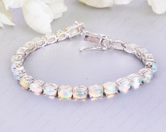 Unique Opal Tennis Bracelet, Oval cut Ethiopian Opal Tennis Line Bracelet, Rainbow Opal Chain link Bracelet Jewelry gifts for Women Mother