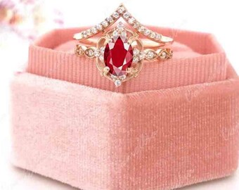 Ruby Engagement Ring set, Vintage 14K Rose Gold Ruby Bridal Wedding Ring set for women Antique Anniversary gift for Mother Personalized Gift