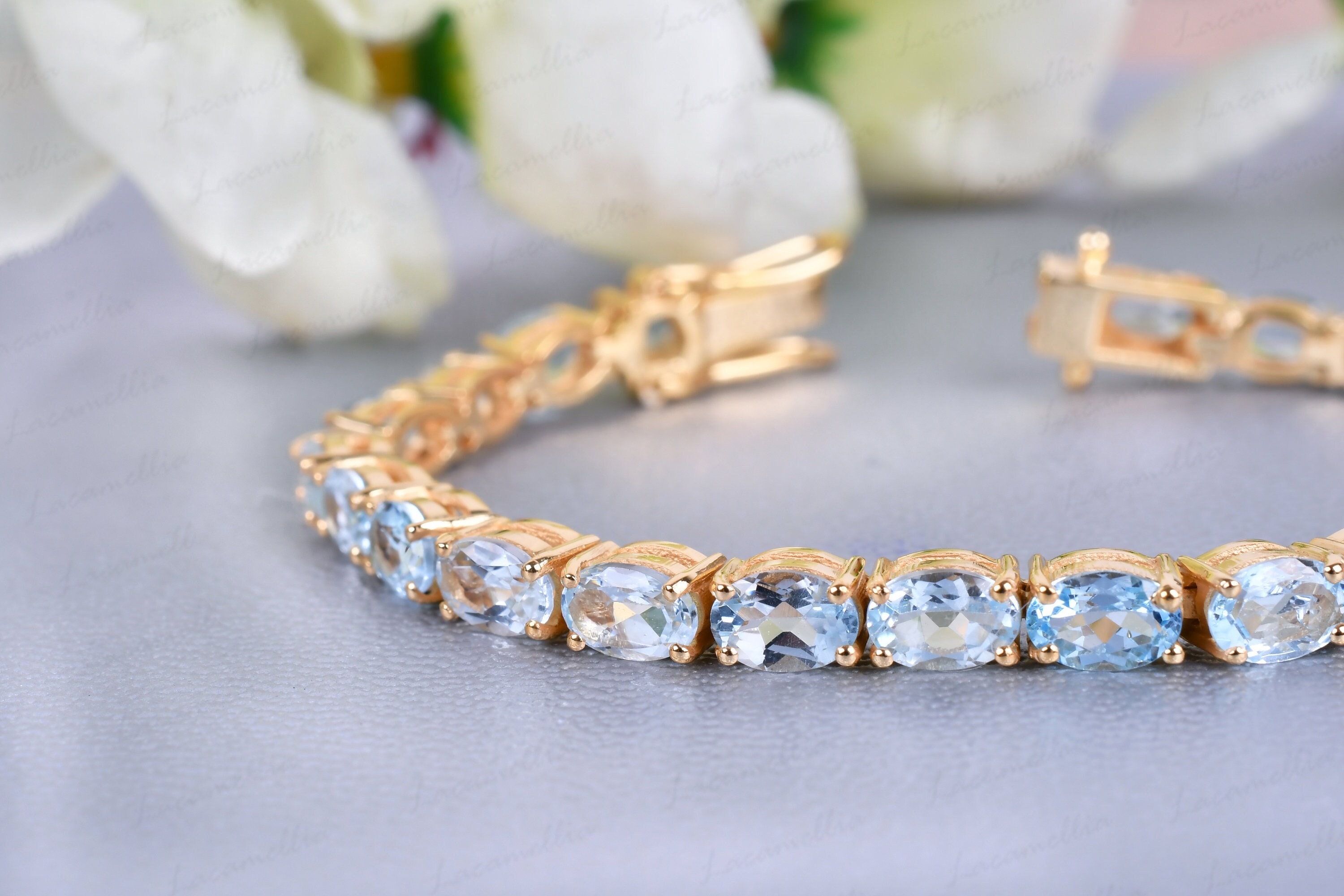 Charlize Bracelet with Round Aquamarine, SI Diamond | 5.76 carats Round Aquamarine  Tennis in 14k White Gold | Diamondere