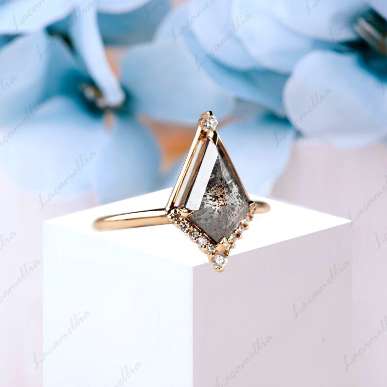 Gift Her Bridal Ring Black Diamond Engagement Ring Kite Shape Salt and pepper Diamond Ring Salt and Pepper Engagement Ring Antique Ring
