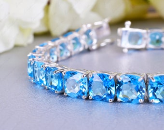 Swiss Blue Topaz tennis Bracelet, 7 MM Cushion cut Topaz Chain Link Bracelets, Bridal Wedding Jewelry Beaded charm Bracelet gifts for mother