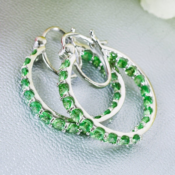 Tsavorite garnet Hoop Earring, Handmade Round cut green Garnet Earrings, Dangle drop Lever Back Earrings, Anniversary Gifts for Mother wife