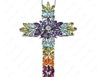 Unique Multi Gemstone Cross pendant, Marquise cut Multicolored Gemstone Holy Cross Necklace, Minimal Tennis Chain Link Necklace for Mother