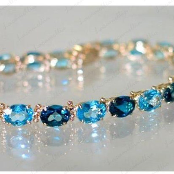 London Blue Topaz tennis Bracelet, Bridal Wedding Chain Link Bracelet, Minimal Oval cut Swiss Topaz Chain Link Bracelets gifts for mother