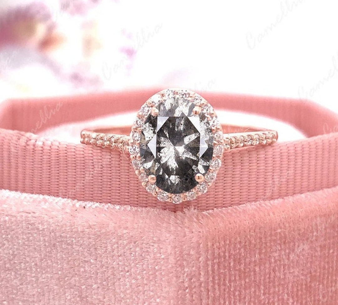 Handmade Salt and Pepper Engagement Ring, Oval Cut Black Grey Diamond