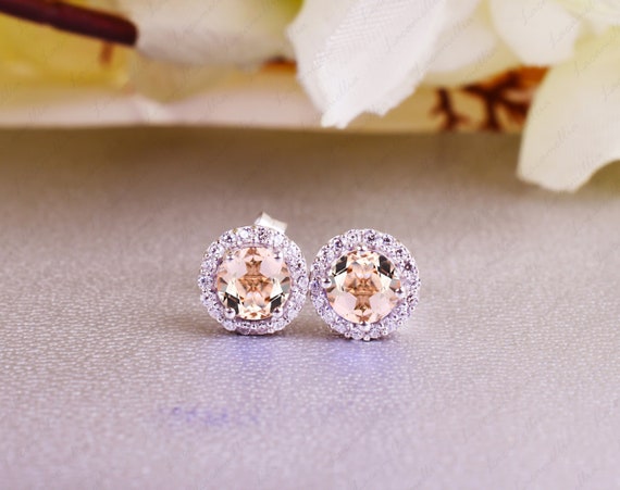 Halo Morganite Stud Earrings Natural Morganite Earrings Sterling