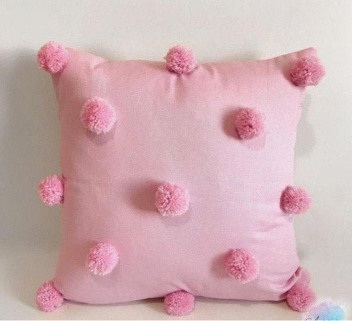 Pom pom pillow Pom pom pillow cover Pink pillow Decorative Etsy