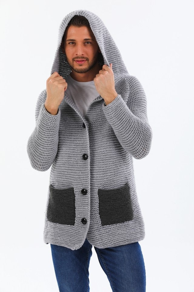 F_Gotal Men Hooded Knit Cardigan Fashion Color Block Striped Zipper Hoddies Jacket and Coat Cardigan Sweaters for Men 