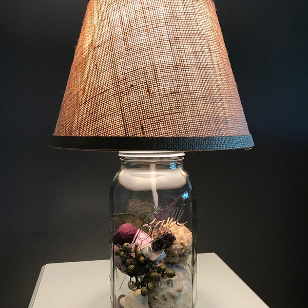 Mason Jar Lamp, Distressed Lamp, Table Lamp, Rustic, Accent Lamp, Creative Lamp, Farmhouse Lamp, Burlap, Glass Lamp base, Ready to fill Lamp