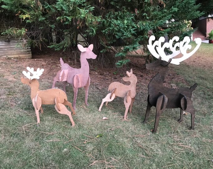 Set of Four Wooden Deer, Stand Alone, Free Standing, Family of Deer
